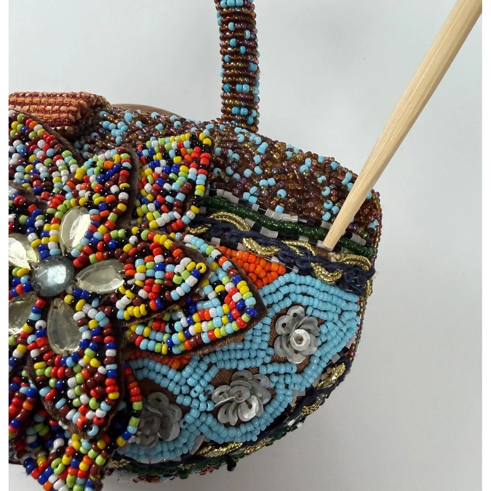 Beaded Floral Top Handle Bag Small Boho Eclectic Multicolor Purse‎